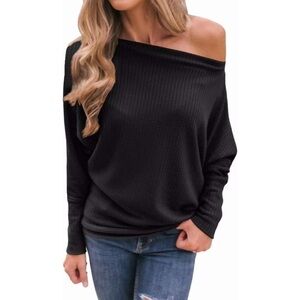 BNWOT Off The Shoulder Oversized Waffle Knit Top XL Black